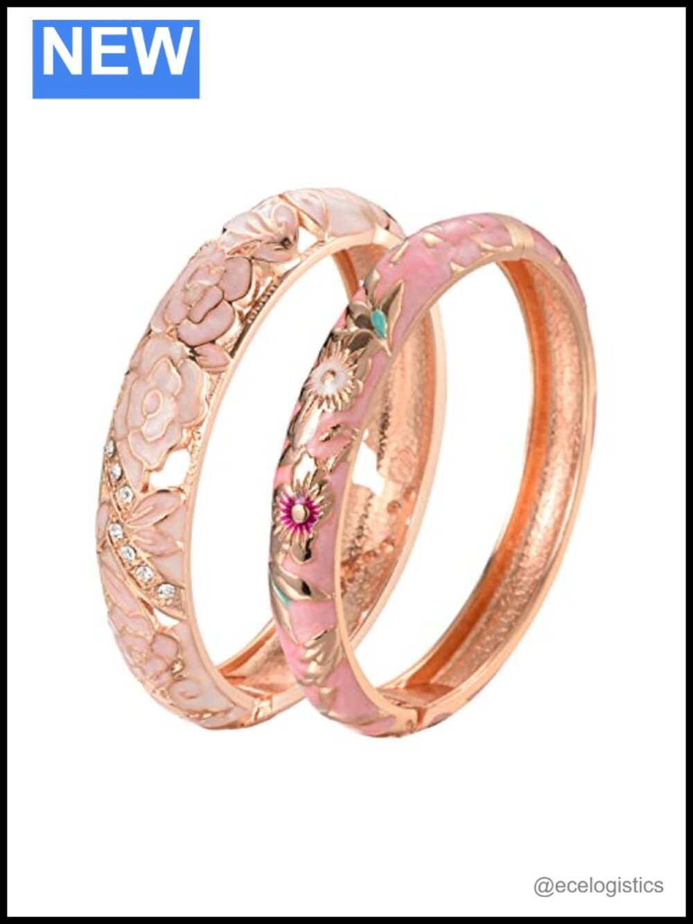 Cloisonne Enamel Filigree Bangle Bracelet Set 2pc Crystal Hollowed Rose